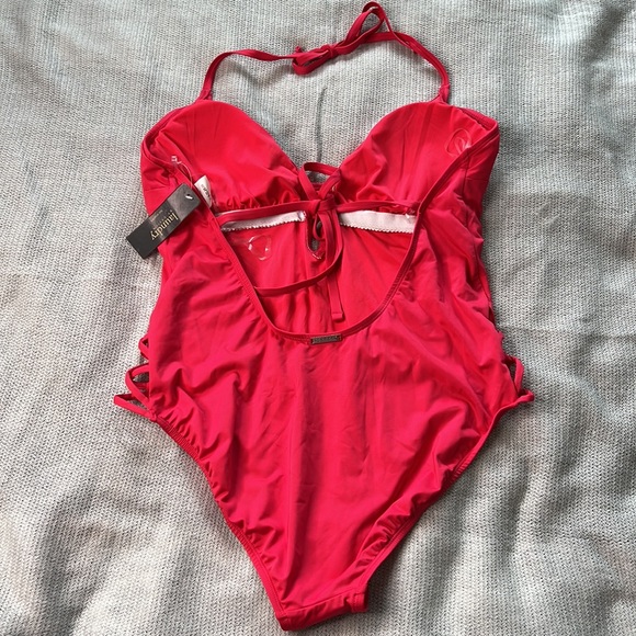 Cherry Tarte One Piece Swimsuit with Plunging Neckline & Cut Out Side Detail NWT - Picture 4 of 6